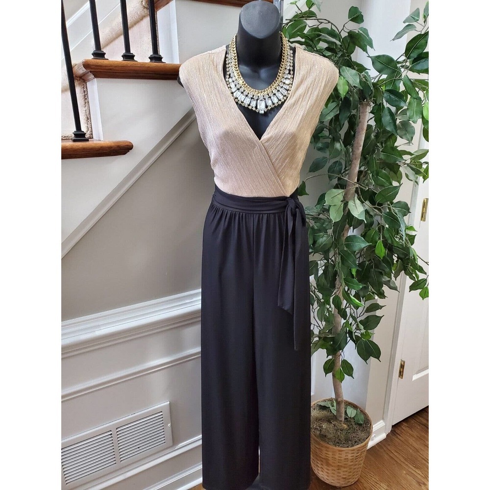 Enfocus Studio Women's Cream & Black Polyester Sleeveless V-Neck Jumpsuit Size 4